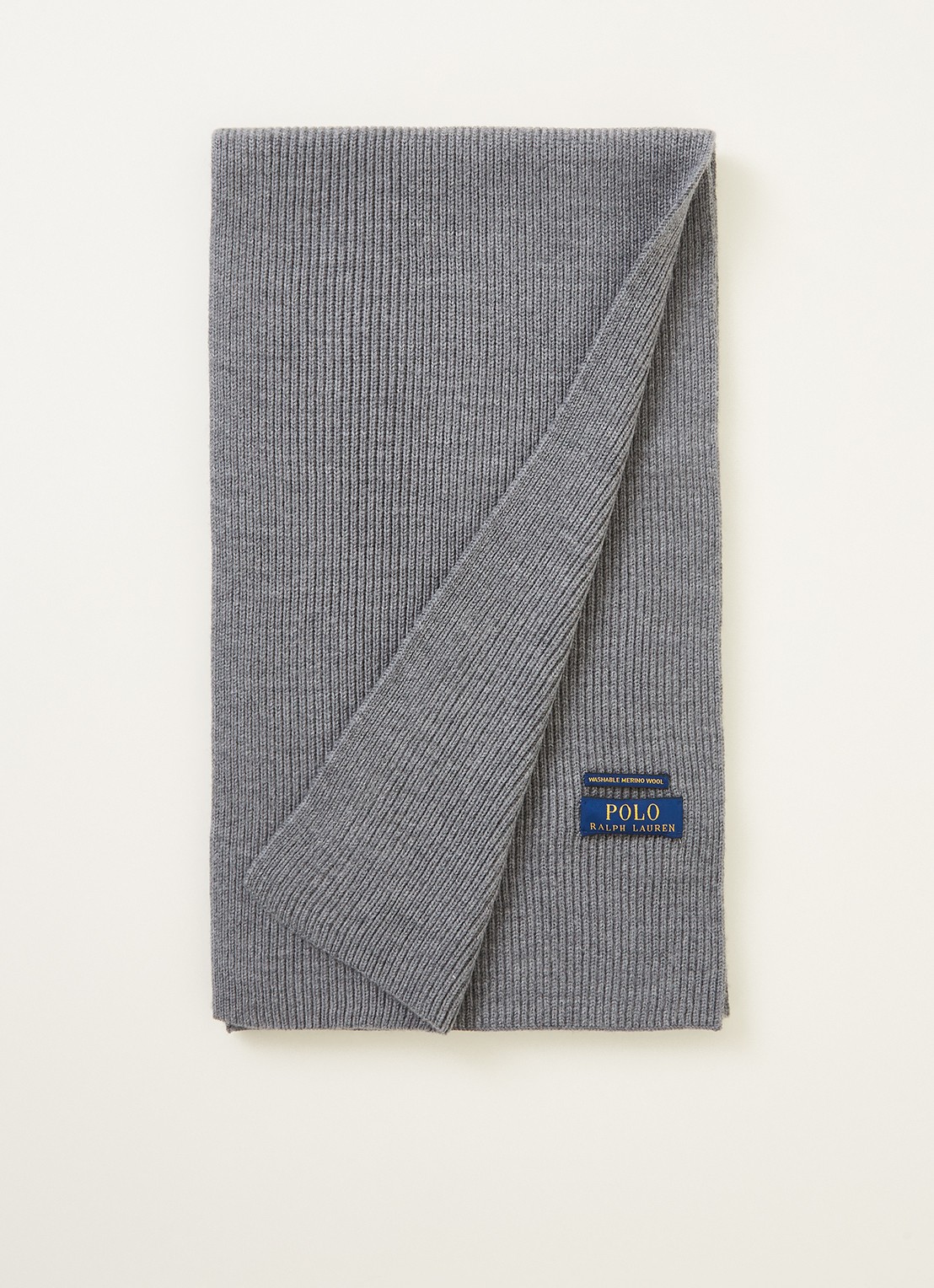 Ralph Lauren Ribgebreide sjaal van wol 180 x 25 cm - voorkant 2 grijs