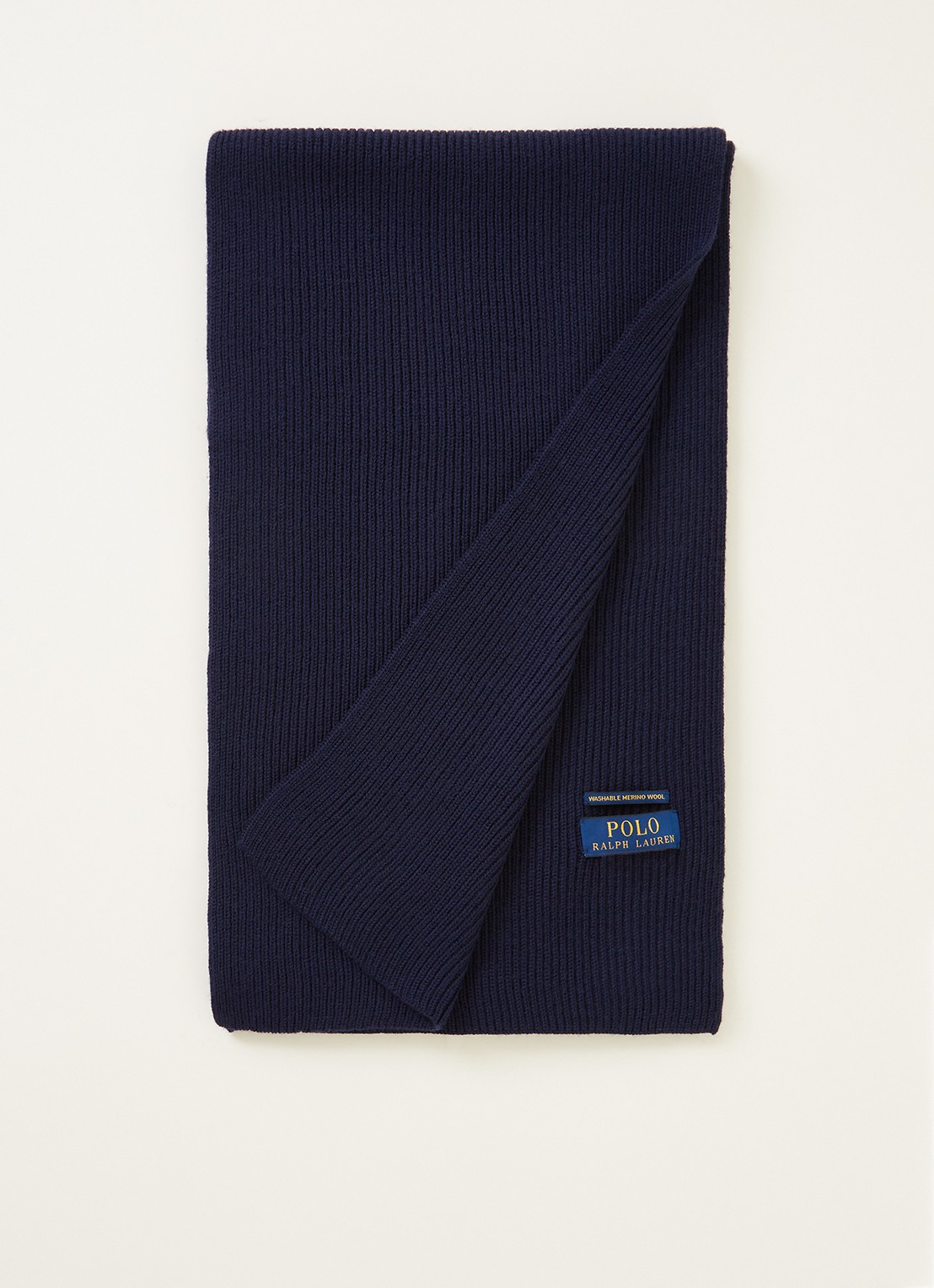 Ralph Lauren Ribgebreide sjaal van wol 180 x 25 cm - voorkant 2 donkerblauw