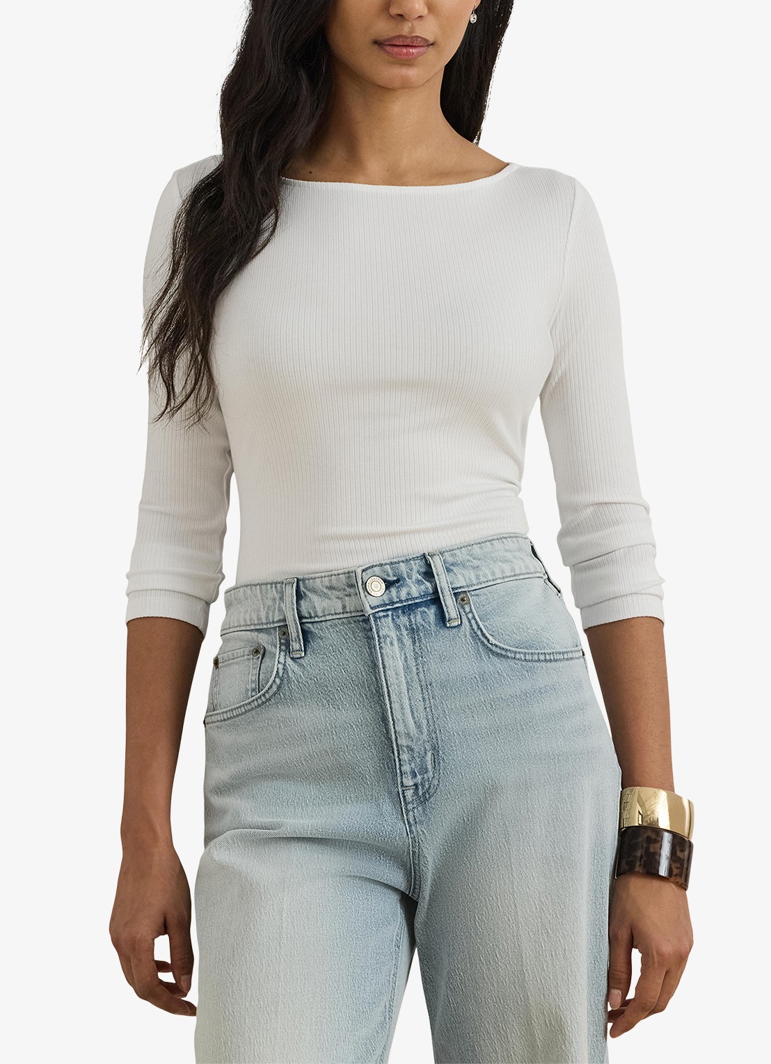 Ralph Lauren Ribgebreide top met boothals - detail wit