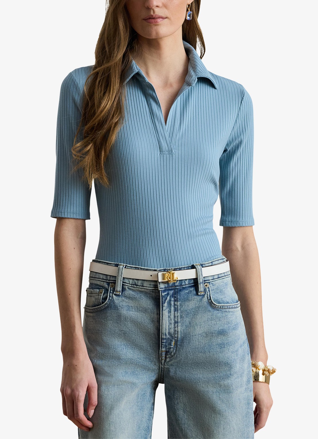 Ralph Lauren Ribgebreide top met kraag - detail blue note / blauw