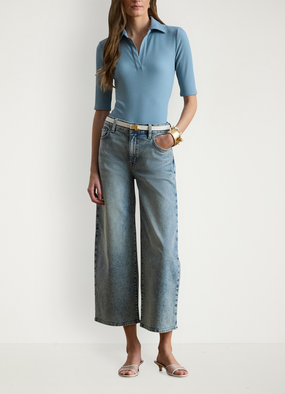 Ralph Lauren Ribgebreide top met kraag - voorkant 4 blue note / blauw