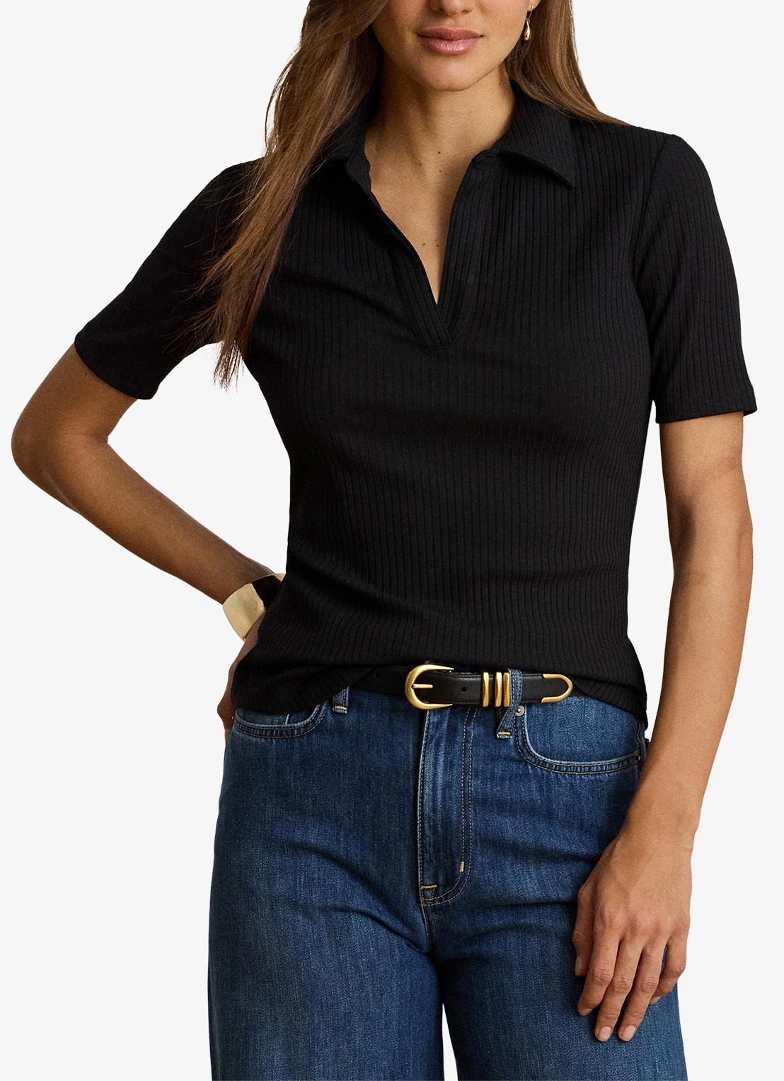 Ralph Lauren Ribgebreide top met kraag - detail zwart