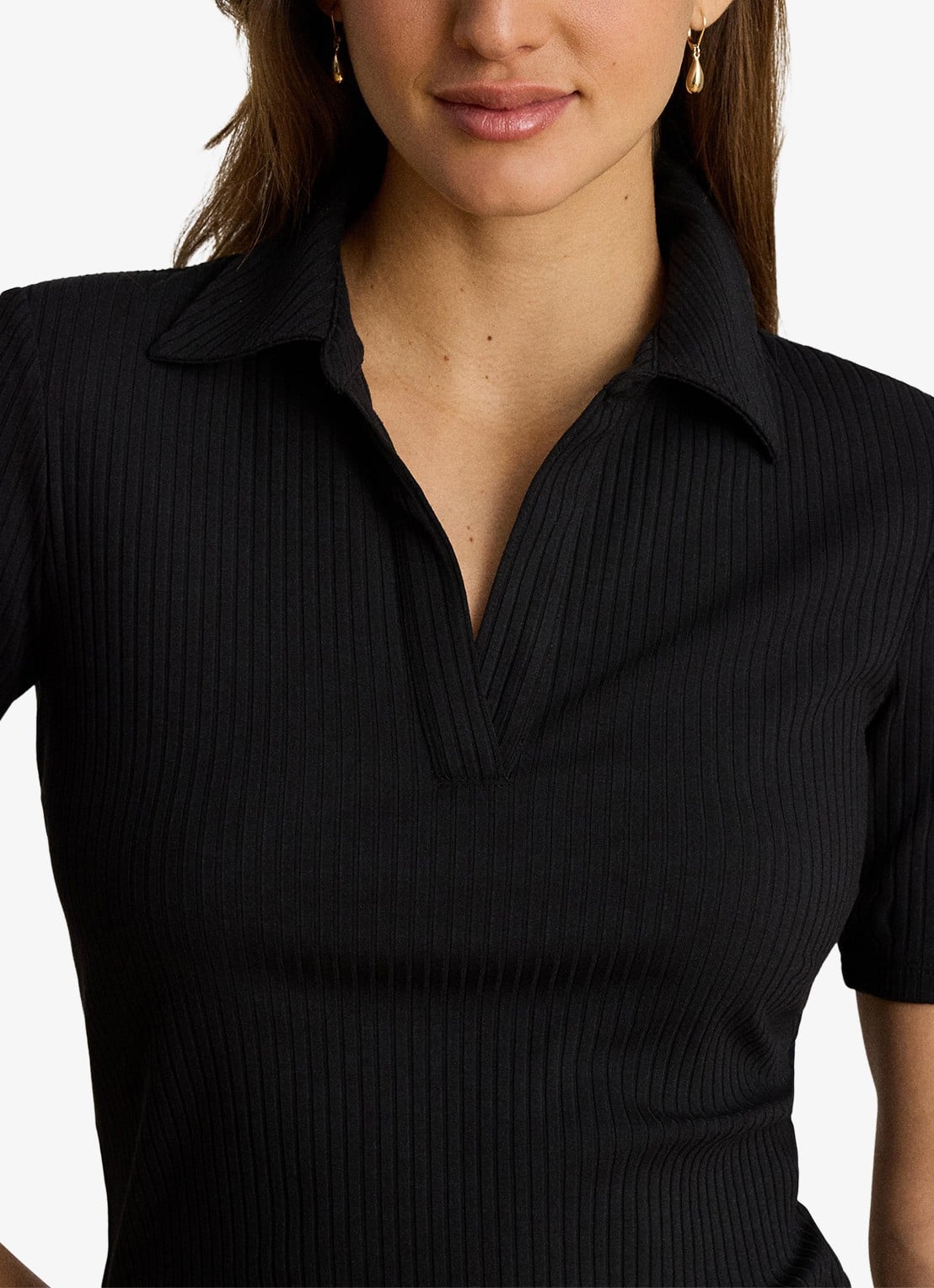 Ralph Lauren Ribgebreide top met kraag - detail 2 zwart
