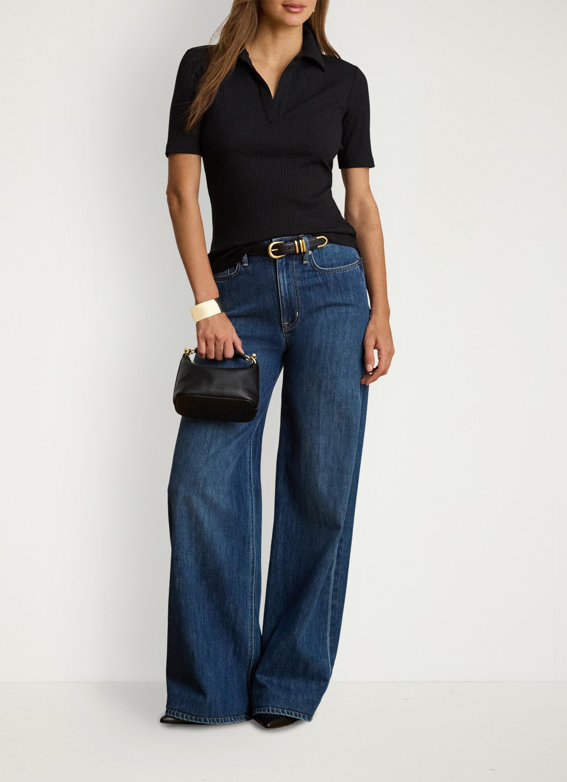 Ralph Lauren Ribgebreide top met kraag - voorkant 4 zwart
