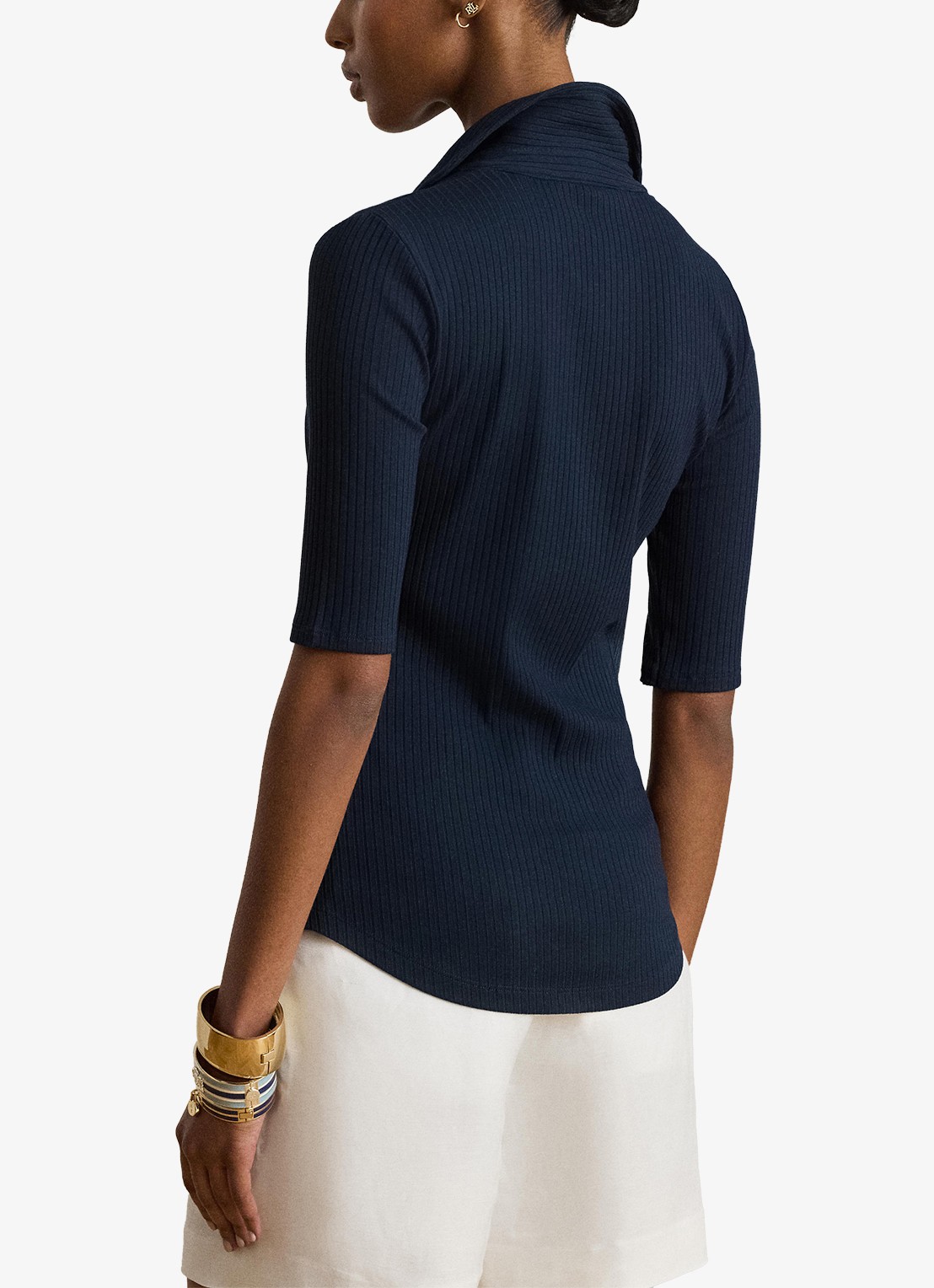 Ralph Lauren Ribgebreide top met kraag - achterkant 3 lauren navy / blauw