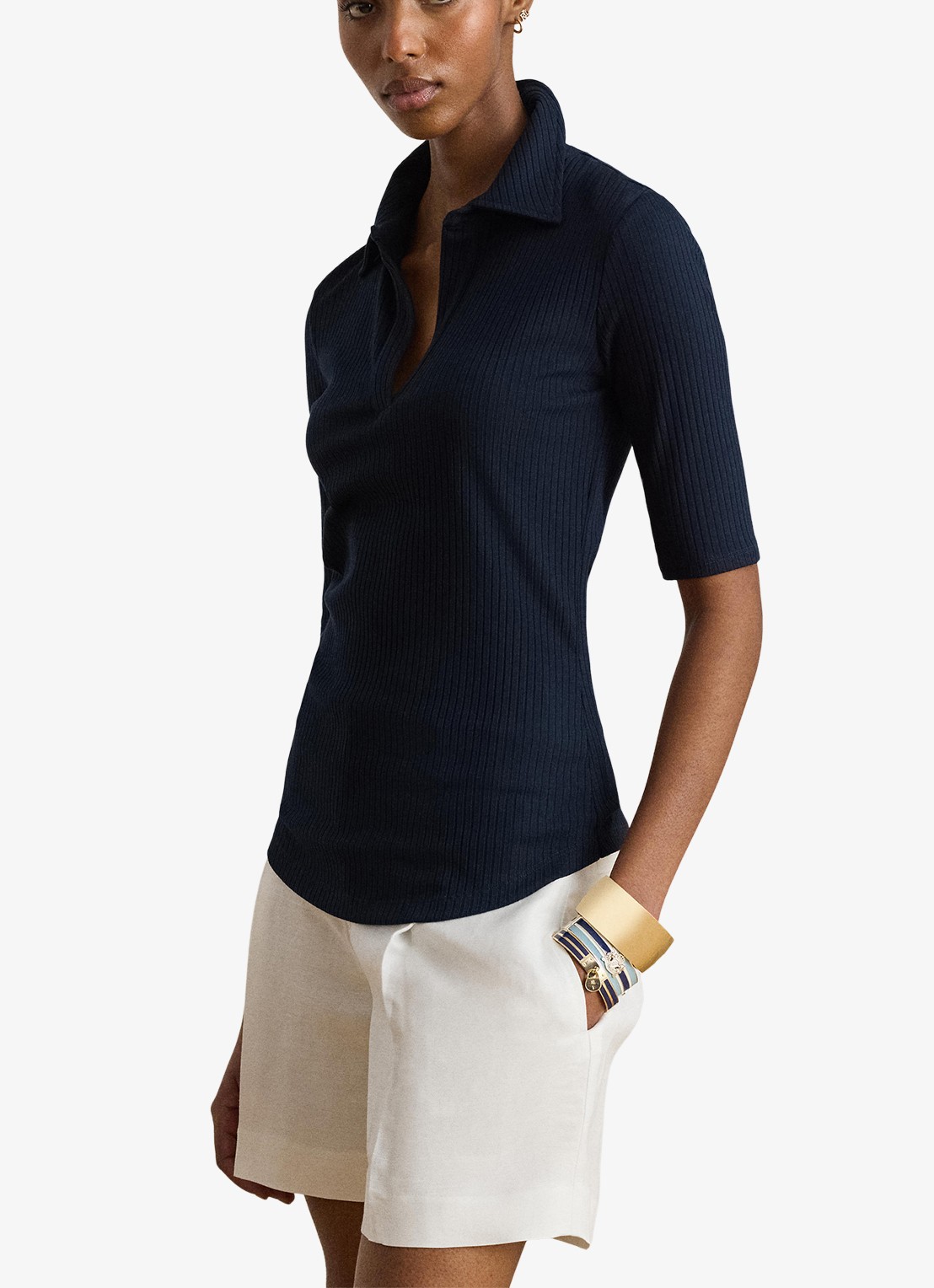 Ralph Lauren Ribgebreide top met kraag - detail 4 lauren navy / blauw