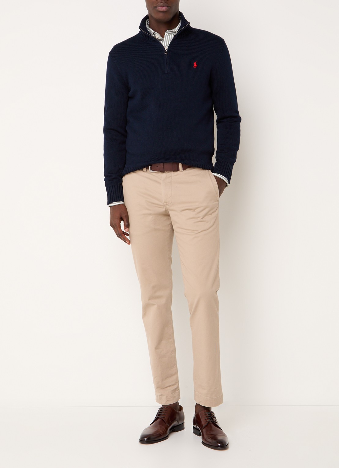 Ralph Lauren Ribgebreide trui met halve rits en logoborduring - voorkant 3 hunter navy/rood pp / donkerblauw