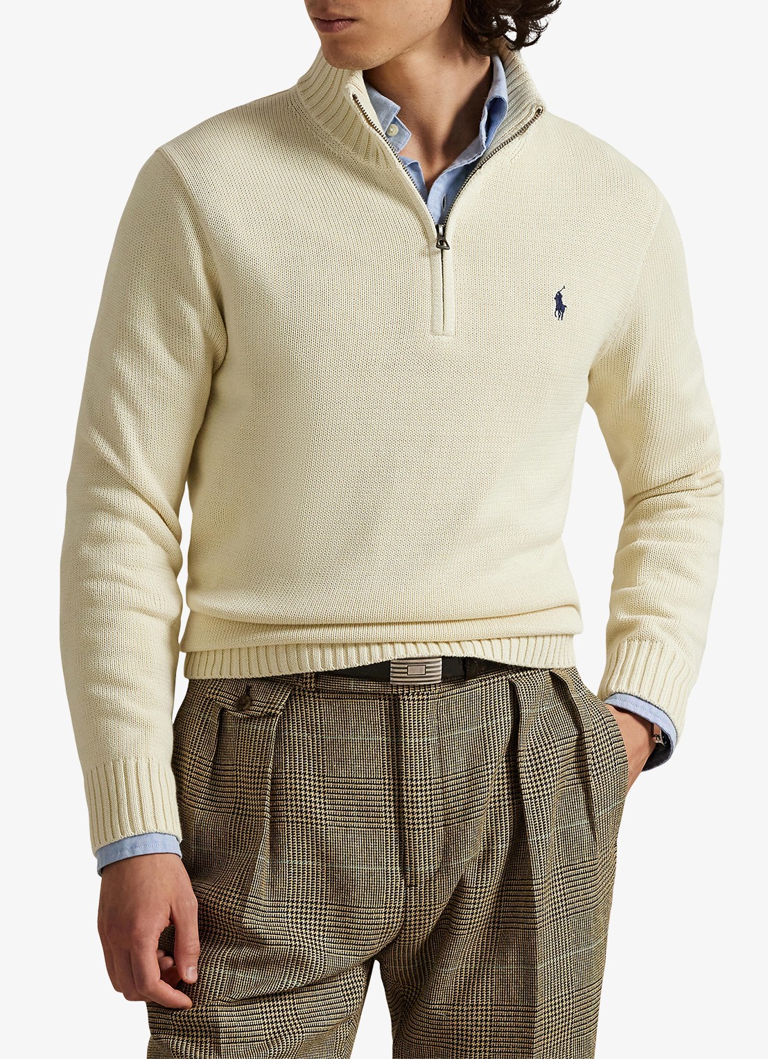 Ralph Lauren Ribgebreide trui met halve rits en logoborduring - detail 2 creme
