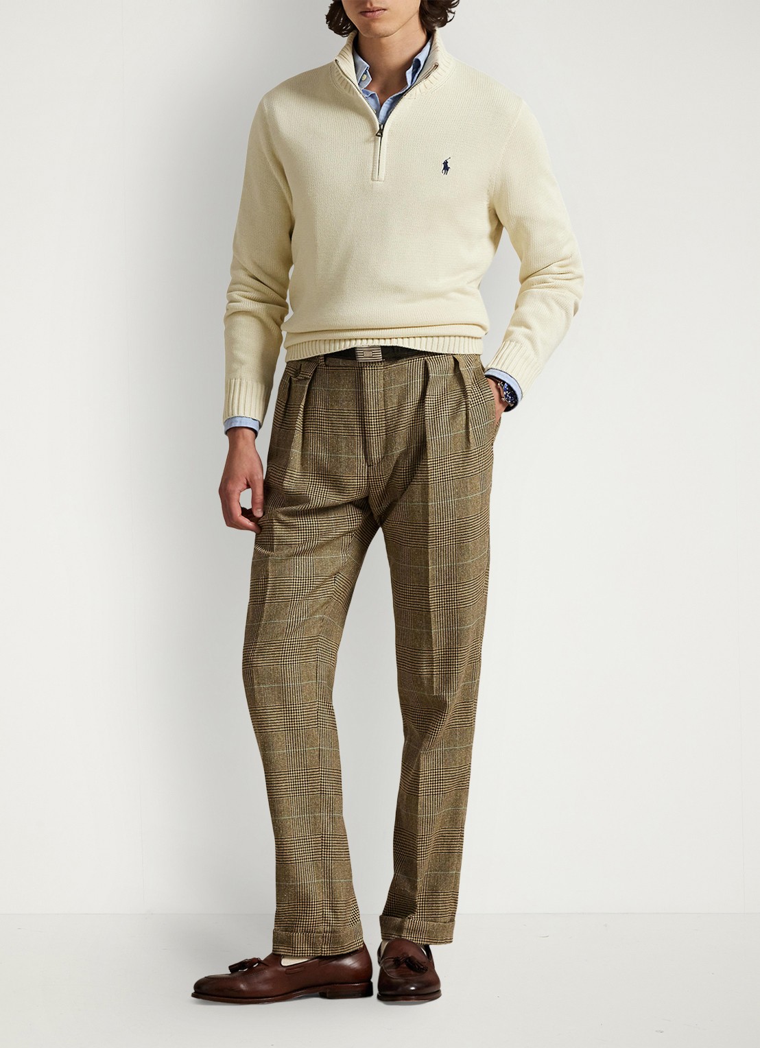 Ralph Lauren Ribgebreide trui met halve rits en logoborduring - voorkant 5 creme
