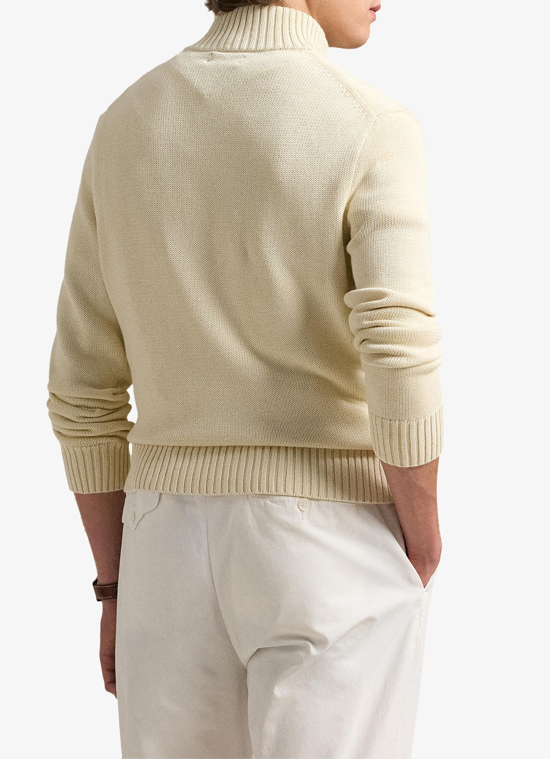 Ralph Lauren Ribgebreide trui met halve rits en logoborduring - achterkant andover cream / creme