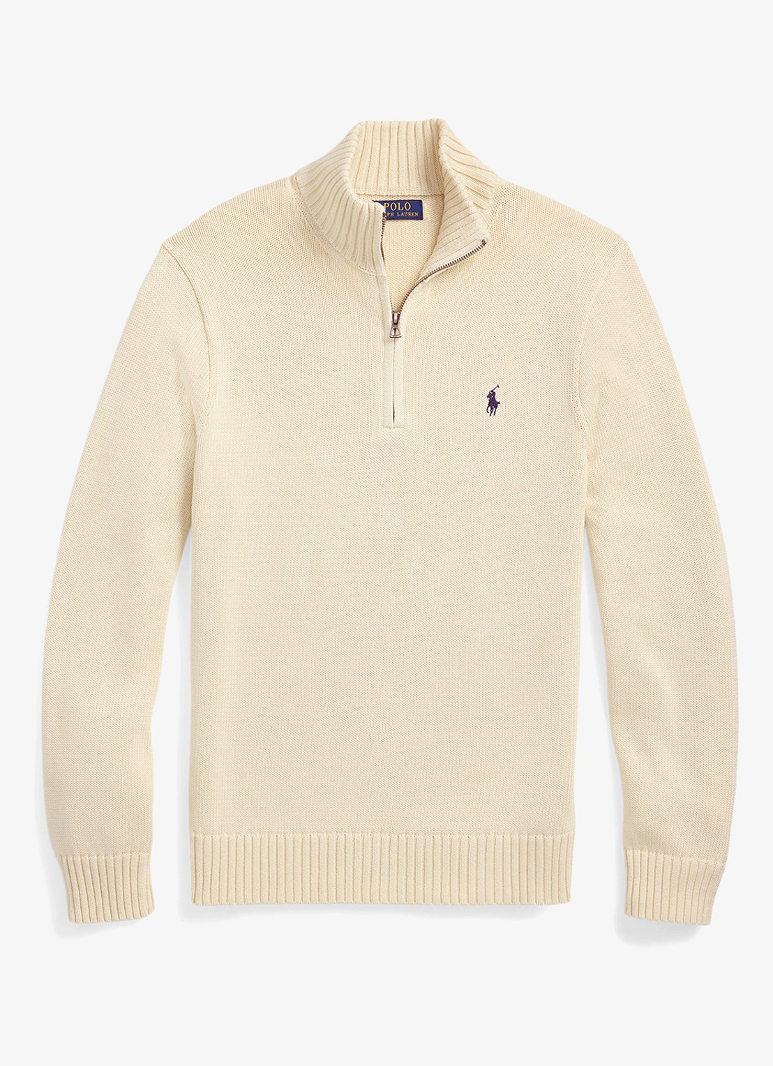 Ralph Lauren Ribgebreide trui met halve rits en logoborduring - voorkant 2 andover cream / creme