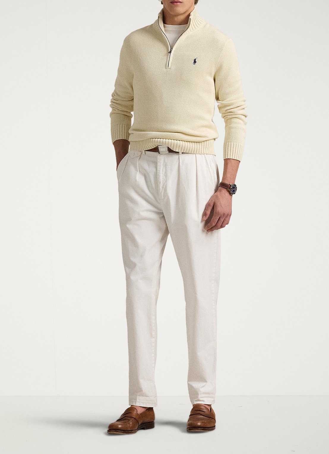 Ralph Lauren Ribgebreide trui met halve rits en logoborduring - voorkant 3 andover cream / creme