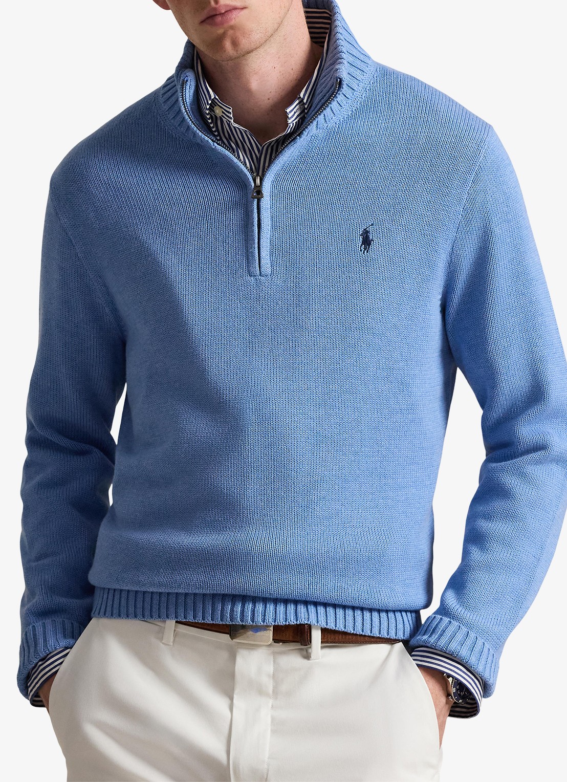 Ralph Lauren Ribgebreide trui met halve rits en logoborduring - detail 3 lichtblauw