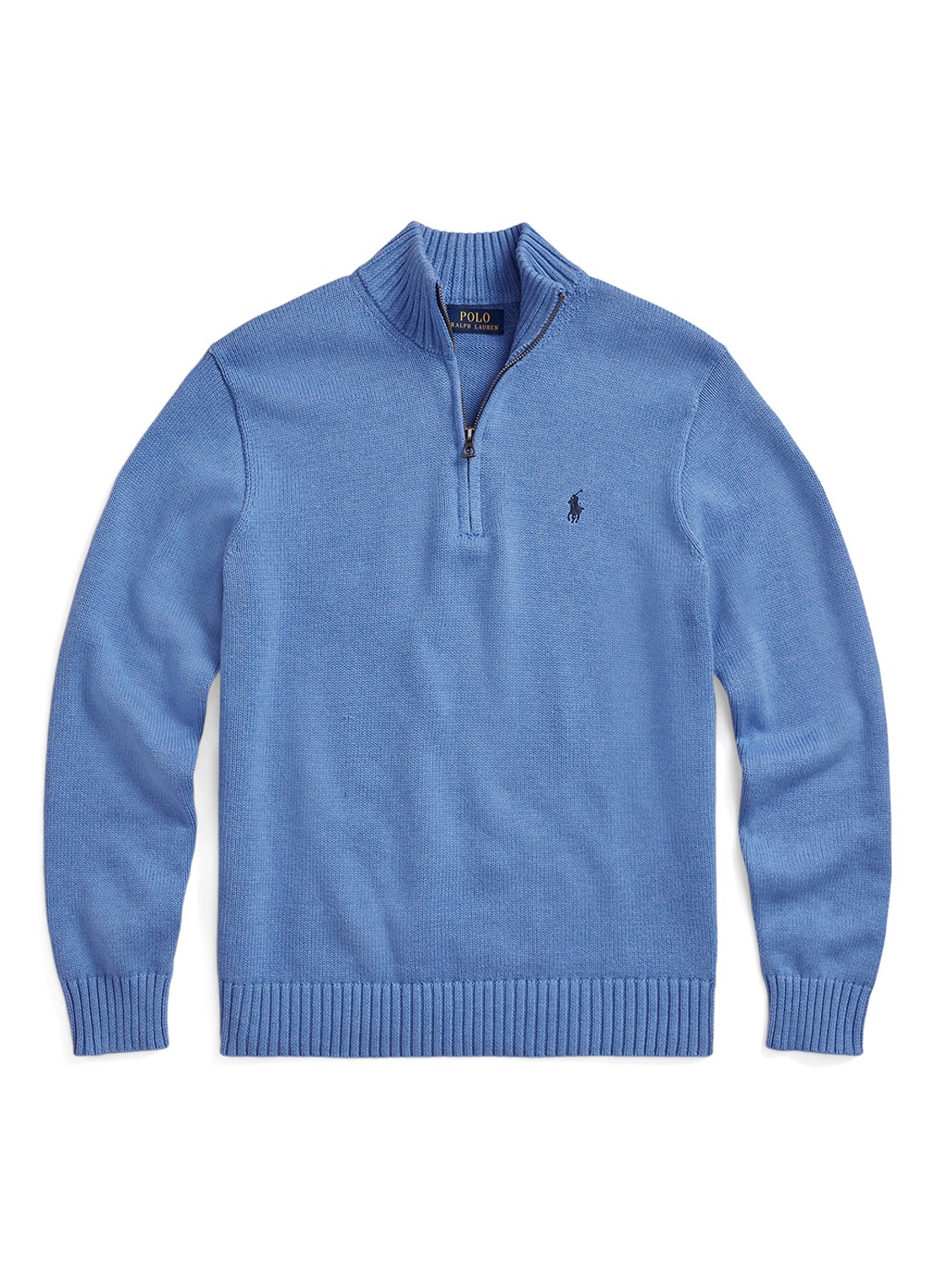 Ralph Lauren Ribgebreide trui met halve rits en logoborduring - voorkant lichtblauw