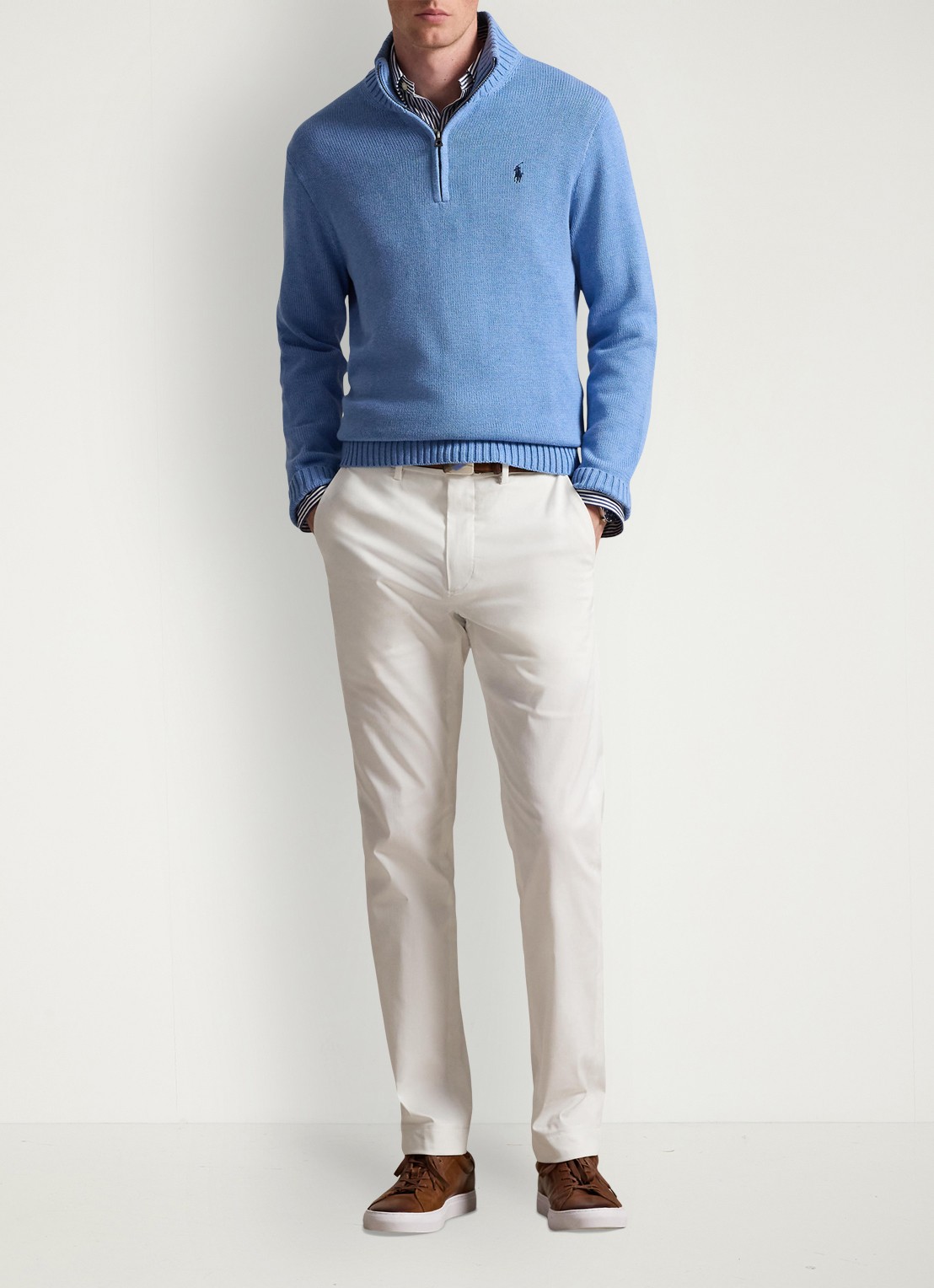 Ralph Lauren Ribgebreide trui met halve rits en logoborduring - voorkant 2 lichtblauw