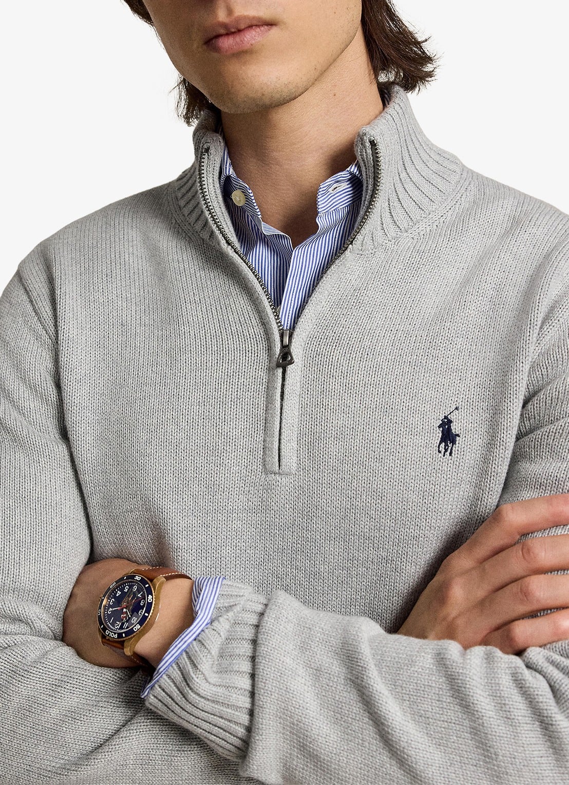 Ralph Lauren Ribgebreide trui met halve rits en logoborduring - detail 5 andover heather / grijs