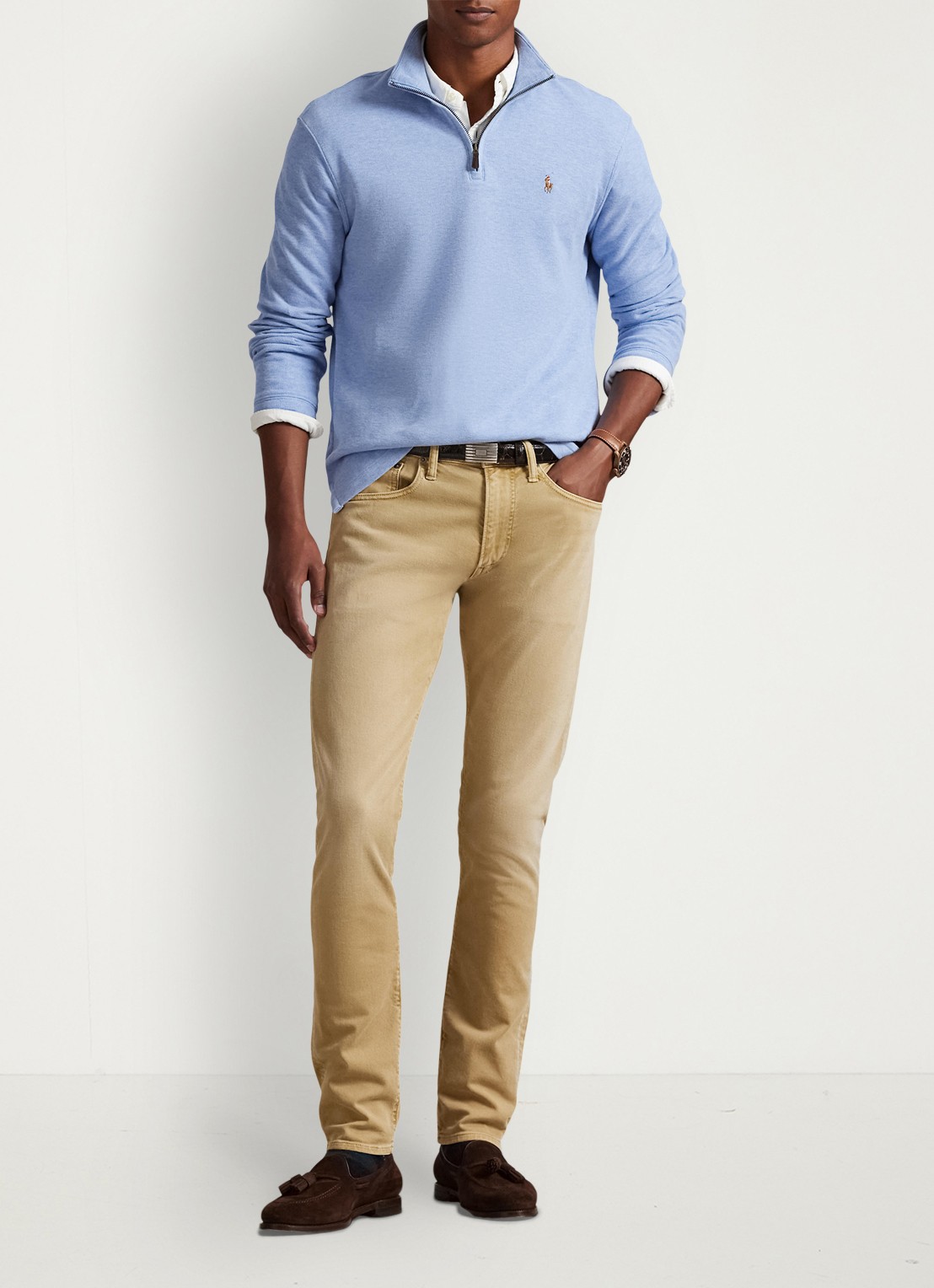 Ralph Lauren Ribgebreide trui met halve rits - voorkant 2 isle heather / lichtblauw