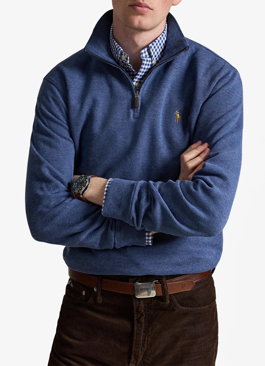 Ralph Lauren Ribgebreide trui met halve rits - voorkant 3 derby blue heather / blauw