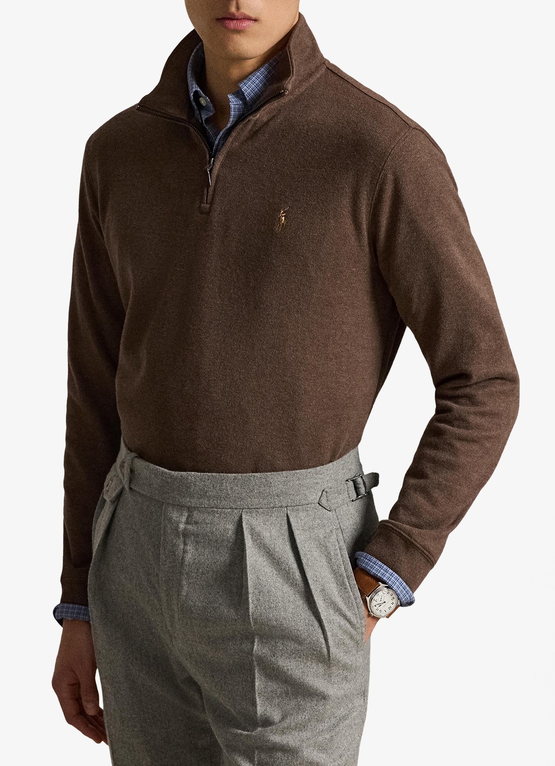 Ralph Lauren Ribgebreide trui met halve rits - voorkant 4 nutmeg brown heather / bruin