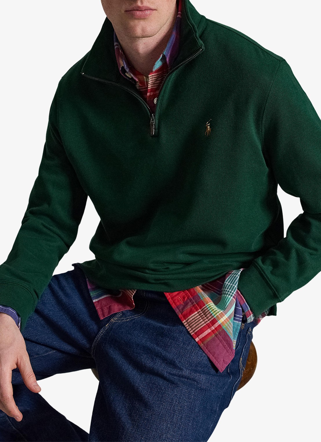 Ralph Lauren Ribgebreide trui met halve rits - voorkant 5 moss agate / mosgroen