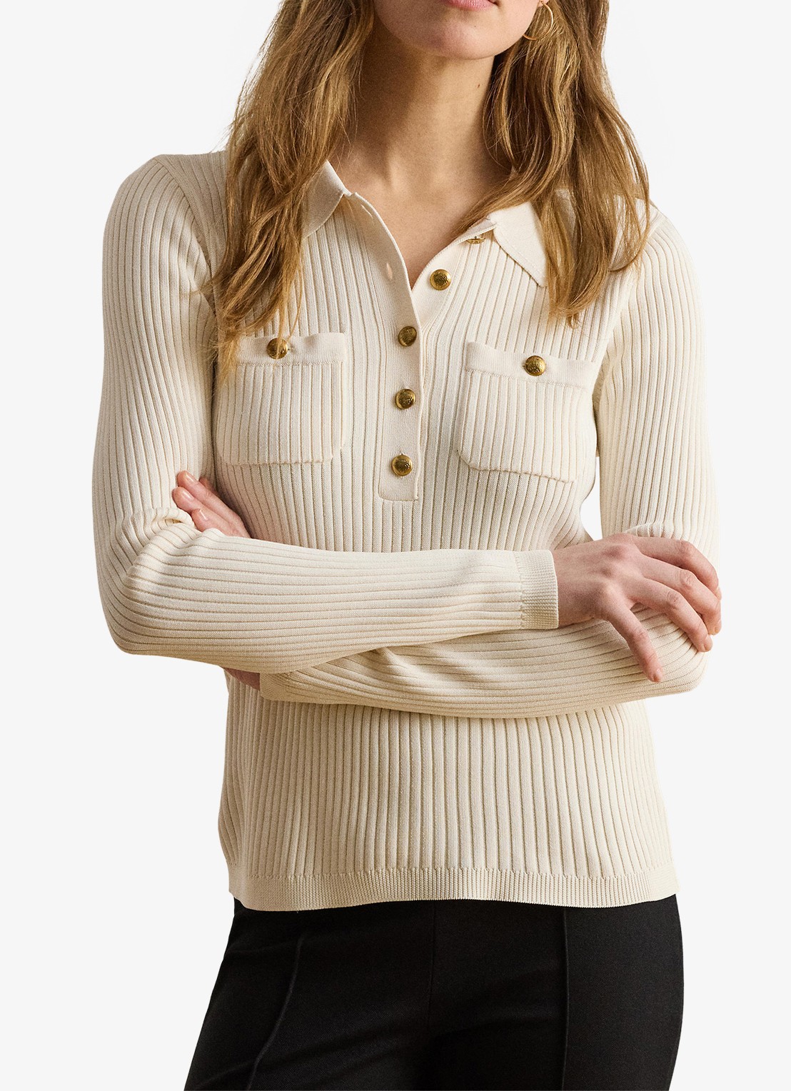 Ralph Lauren Ribgebreide trui met opgestikte zakken - detail mascarpone crème / crème