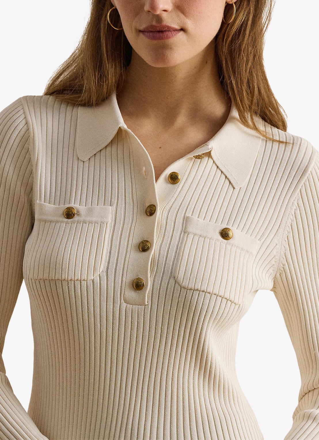 Ralph Lauren Ribgebreide trui met opgestikte zakken - detail 2 mascarpone crème / crème