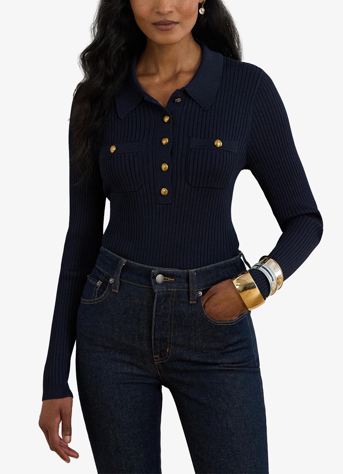 Ralph Lauren Ribgebreide trui met opgestikte zakken - voorkant 2 lauren navy / blauw
