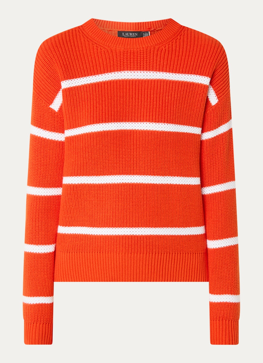Ralph Lauren Ribgebreide trui met streepprint - voorkant oranjerood
