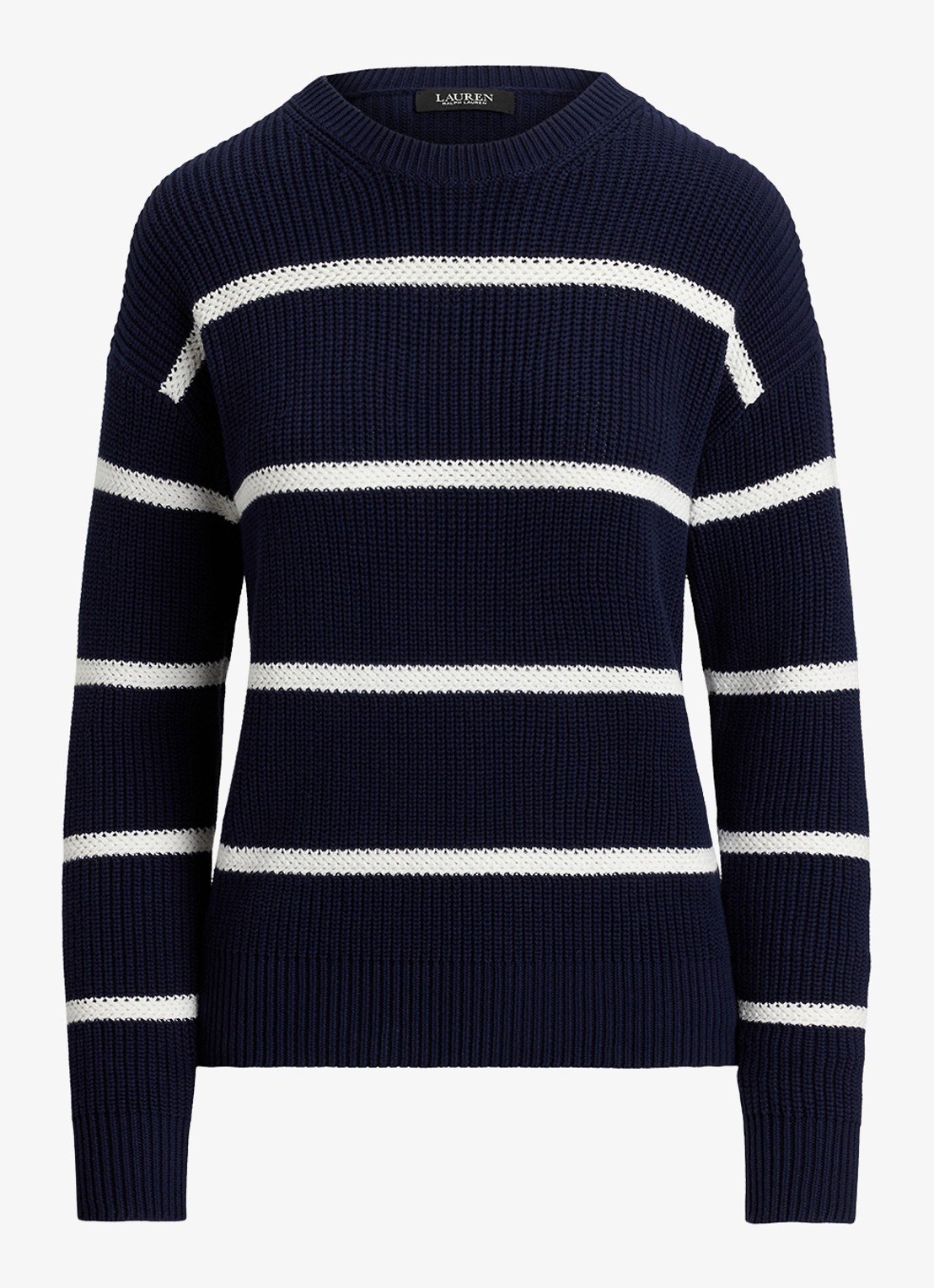 Ralph Lauren Ribgebreide trui met streepprint - voorkant donkerblauw