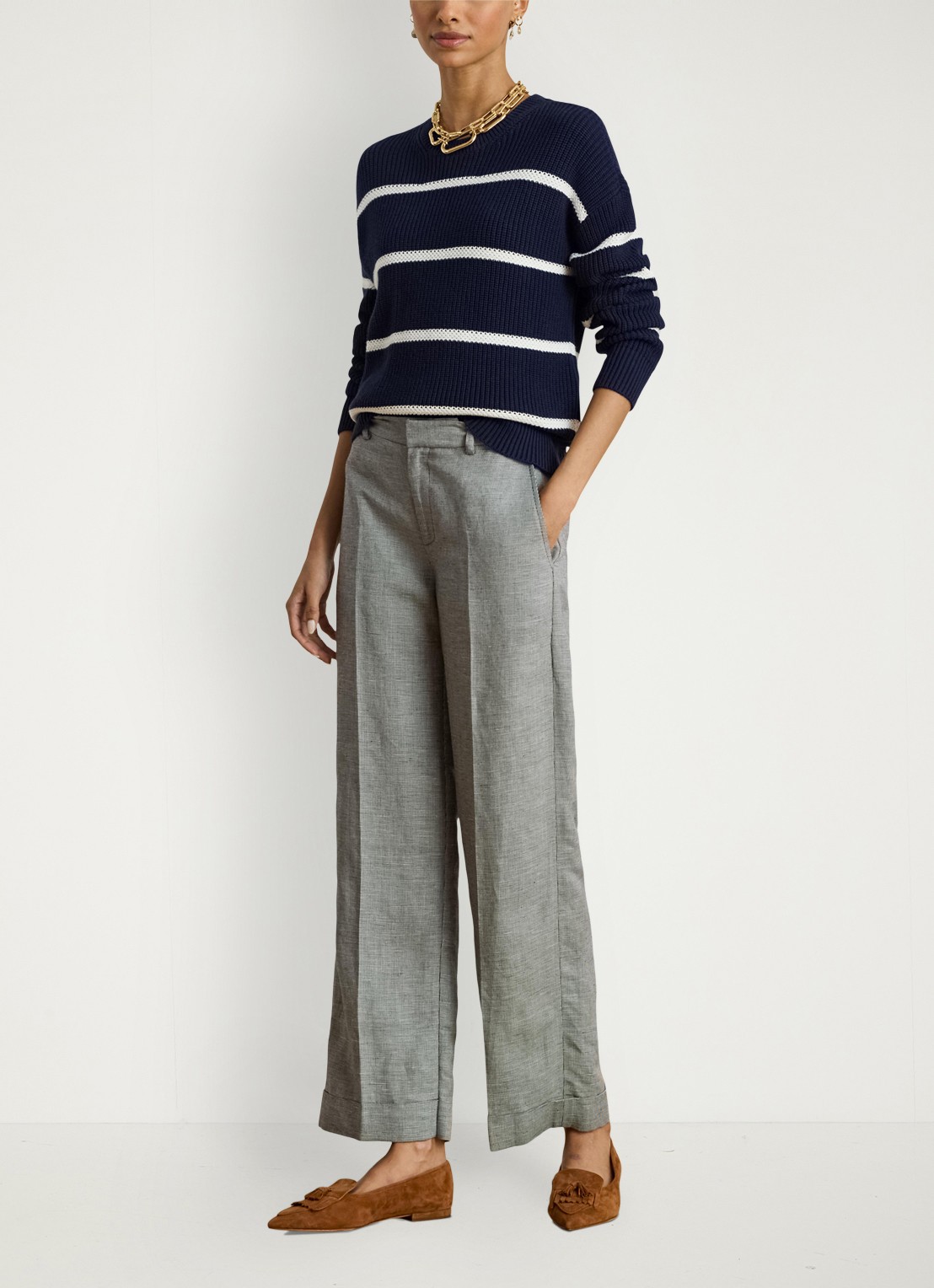 Ralph Lauren Ribgebreide trui met streepprint - voorkant 2 donkerblauw