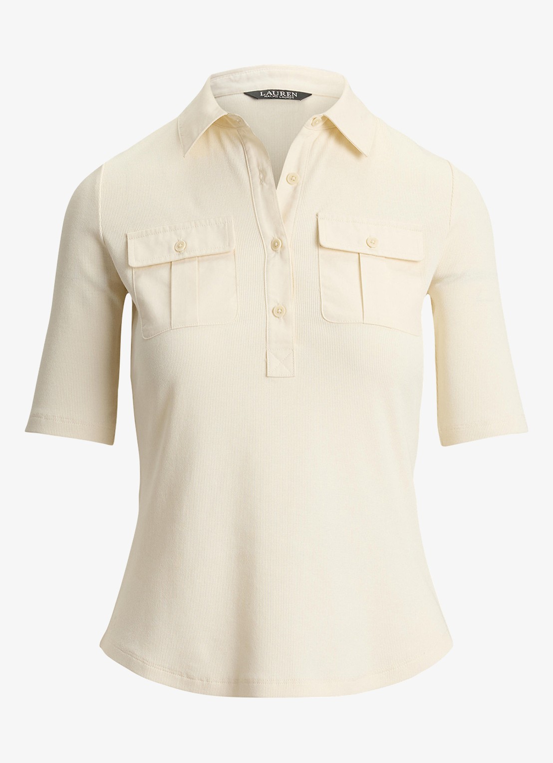 Ralph Lauren Ribgrebreide top met borstzakken - voorkant mascarpone crème / crème