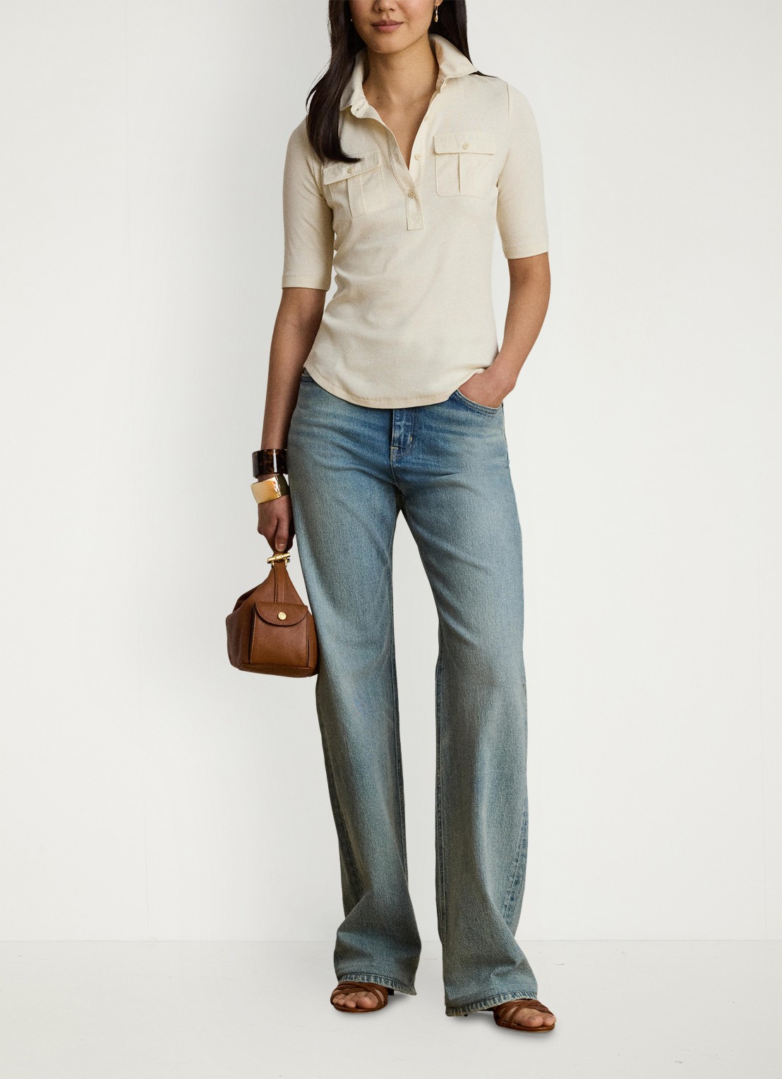 Ralph Lauren Ribgrebreide top met borstzakken - voorkant 2 mascarpone crème / crème