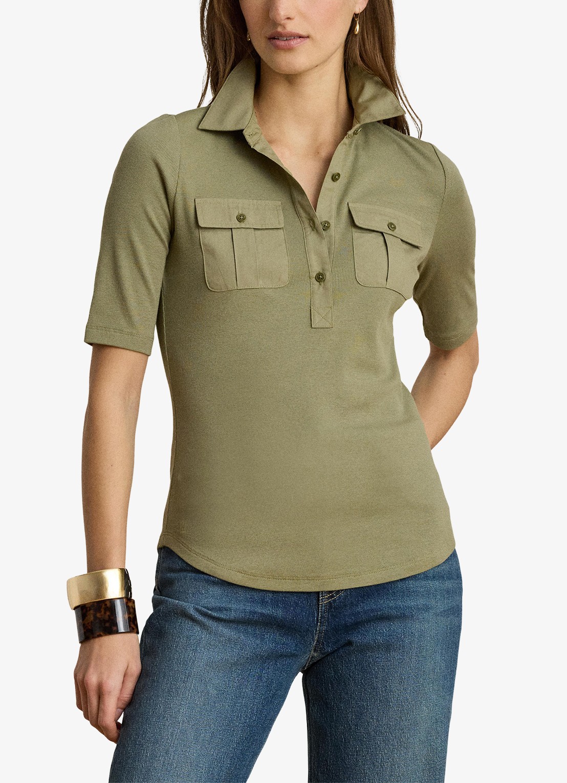 Ralph Lauren Ribgrebreide top met borstzakken - detail 2 light agave / groen