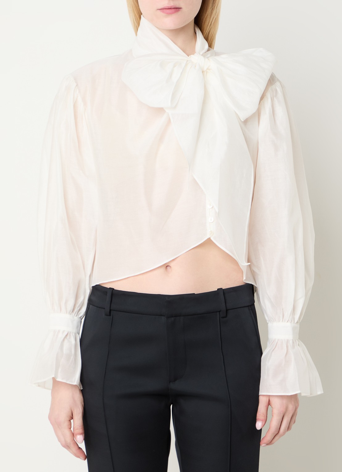 Ralph Lauren Semi-transparante blouse in zijdeblend met sjaalkraag - detail gebroken wit
