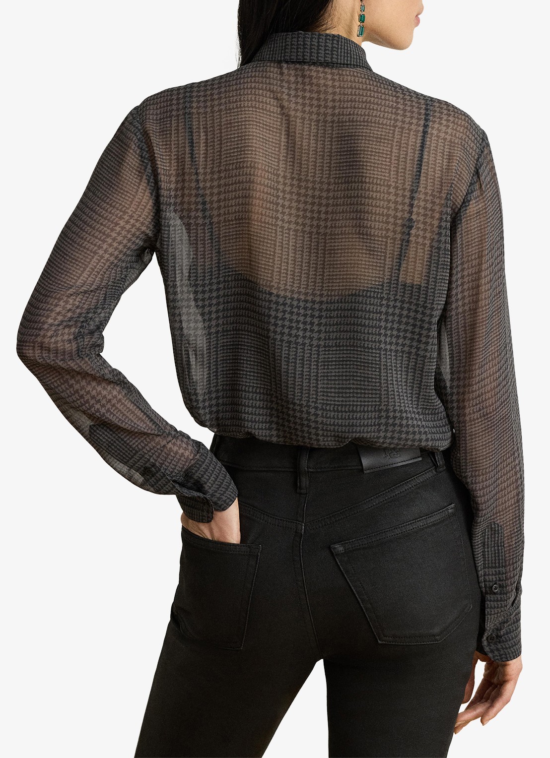 Ralph Lauren Semi-transparante blouse met pied-de-poule dessin en strikdetail - achterkant grey/black / grijs/zwart