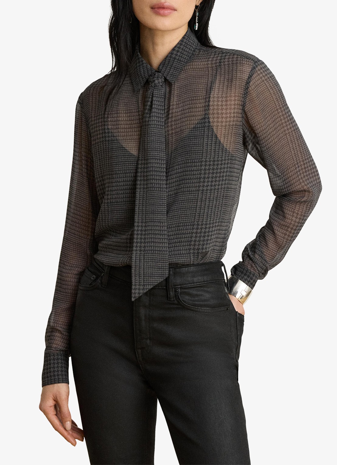 Ralph Lauren Semi-transparante blouse met pied-de-poule dessin en strikdetail - detail 4 grey/black / grijs/zwart
