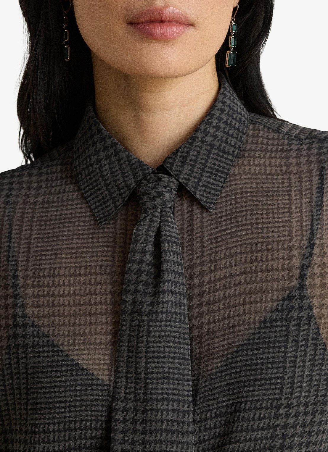 Ralph Lauren Semi-transparante blouse met pied-de-poule dessin en strikdetail - detail 5 grey/black / grijs/zwart