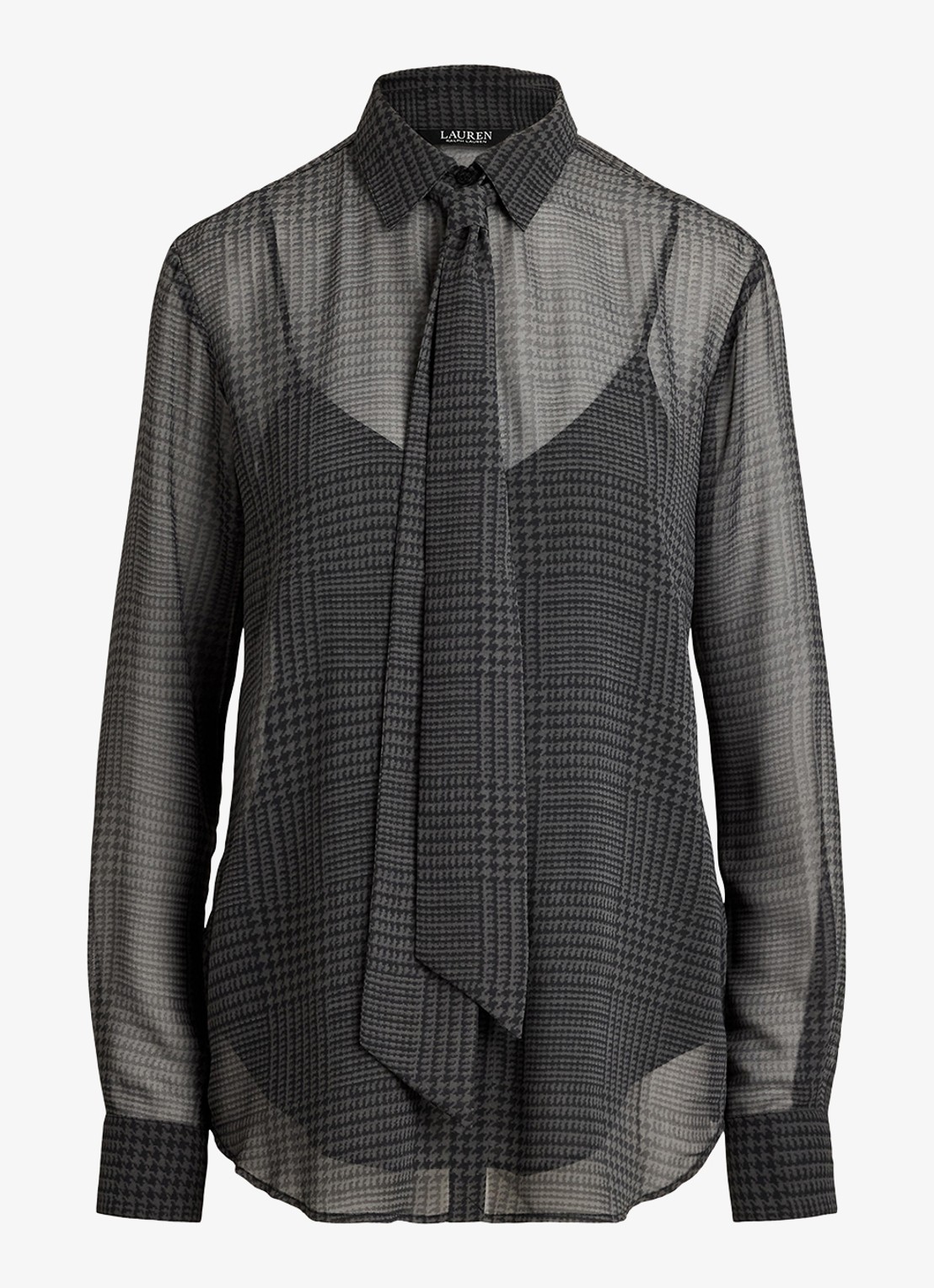 Ralph Lauren Semi-transparante blouse met pied-de-poule dessin en strikdetail - voorkant 2 grey/black / grijs/zwart