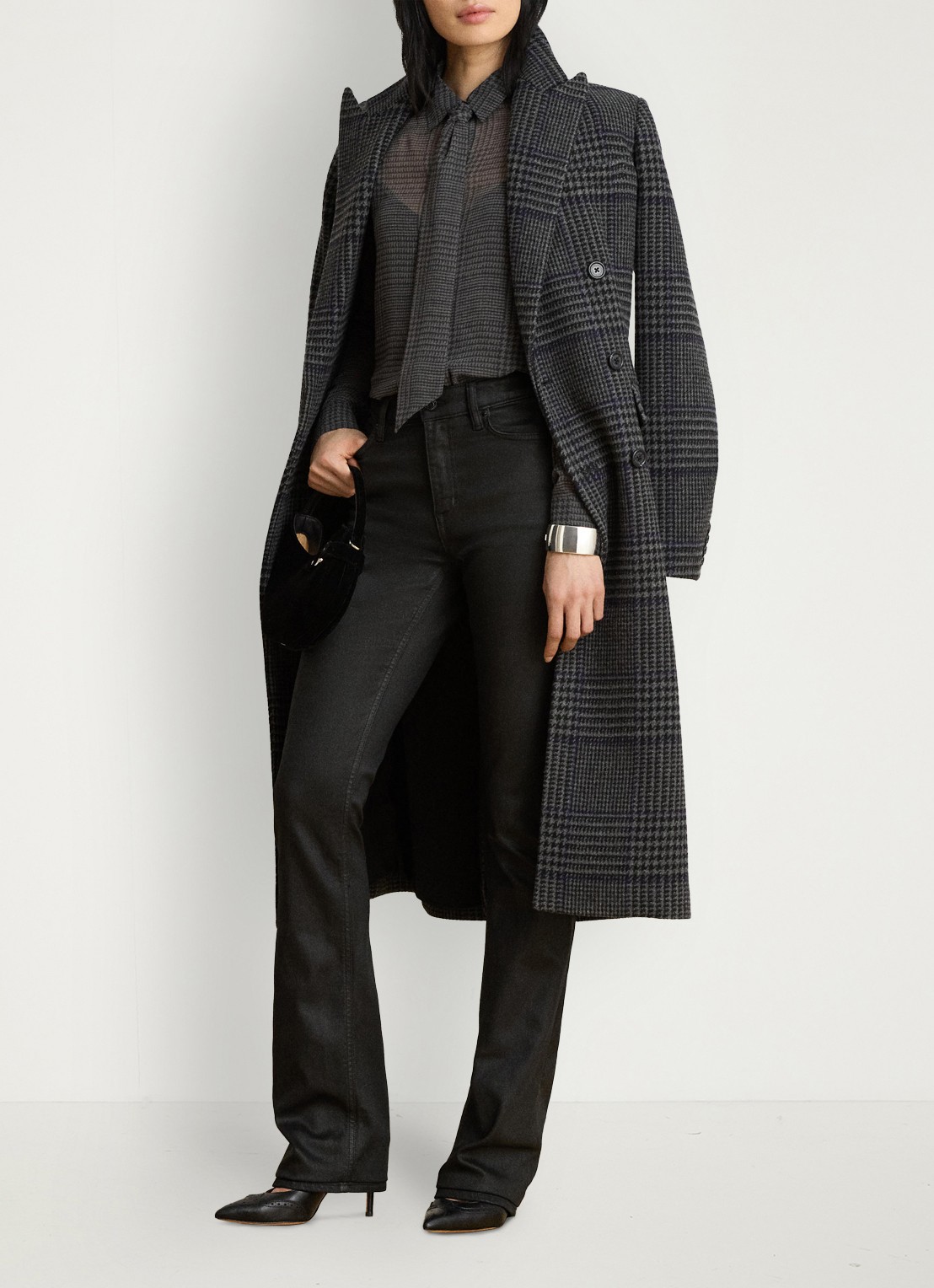 Ralph Lauren Semi-transparante blouse met pied-de-poule dessin en strikdetail - voorkant 3 grey/black / grijs/zwart