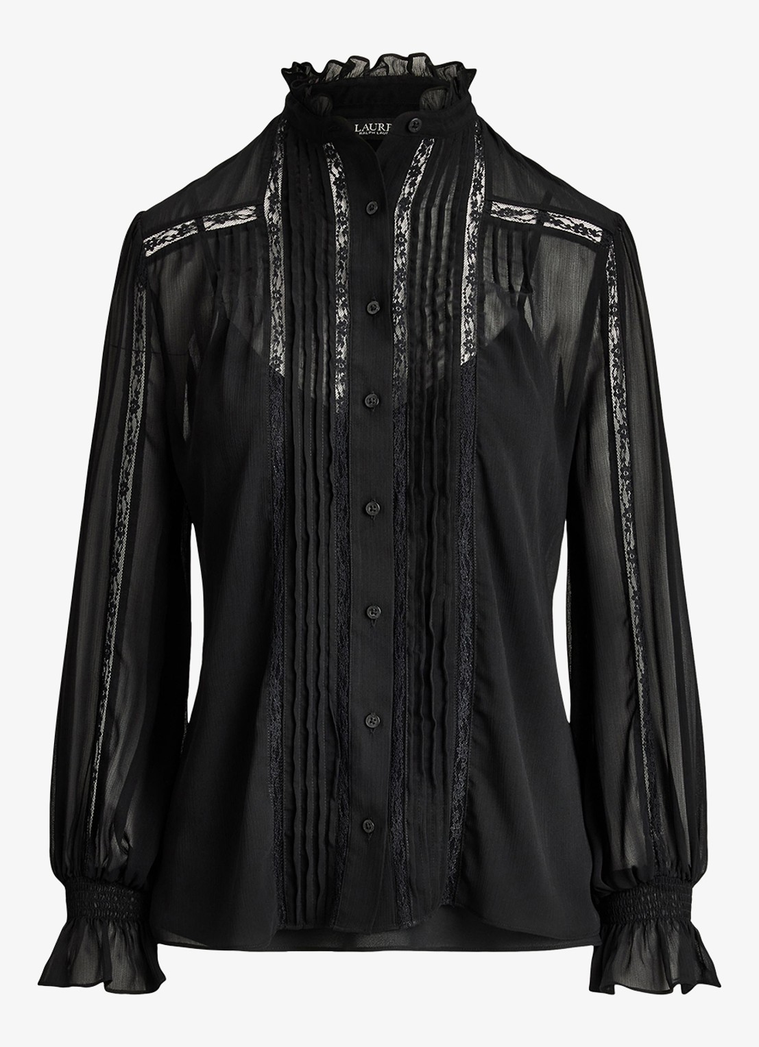 Ralph Lauren Semi-transparante blouse met ruches - voorkant 2 zwart