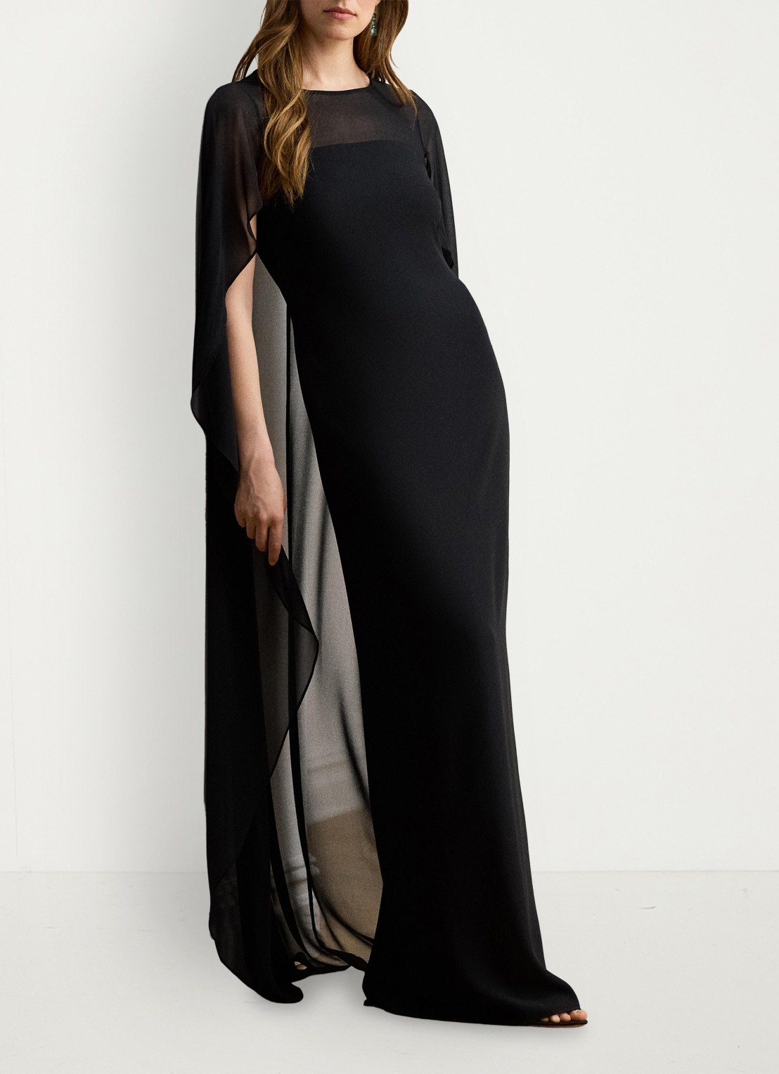 Ralph Lauren Semi-transparante maxi jurk met cape - voorkant 2 zwart