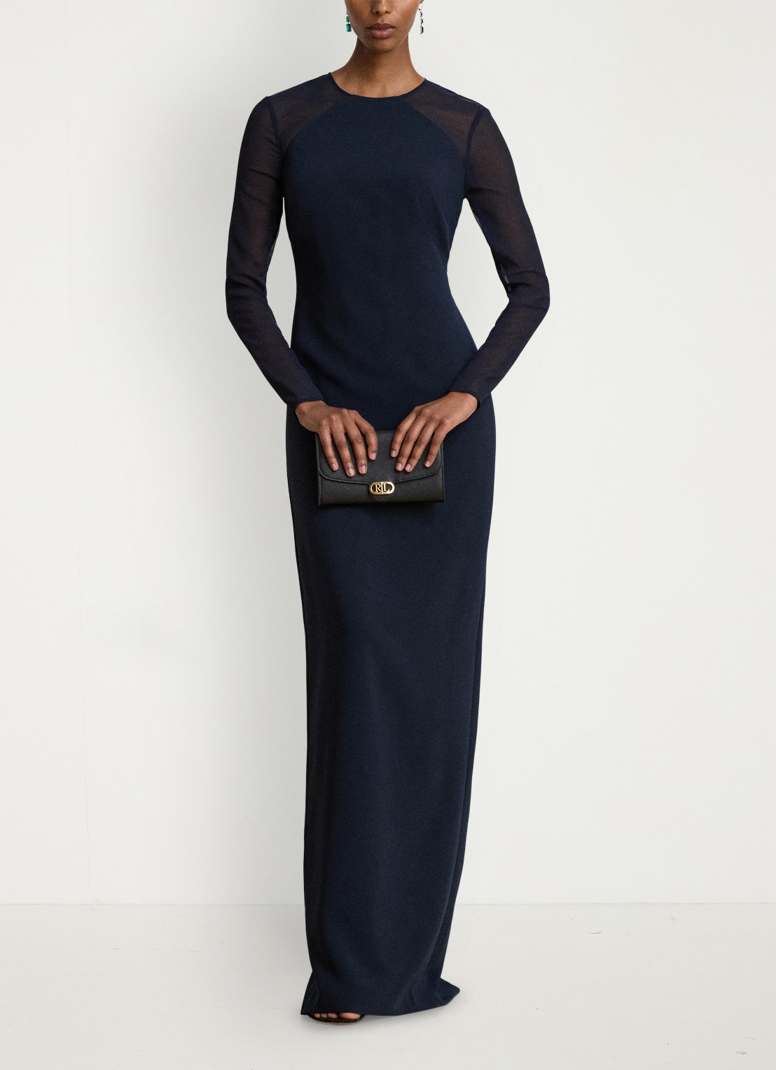 Ralph Lauren Semi-transparante maxi jurk met split - voorkant 5 lauren navy / blauw