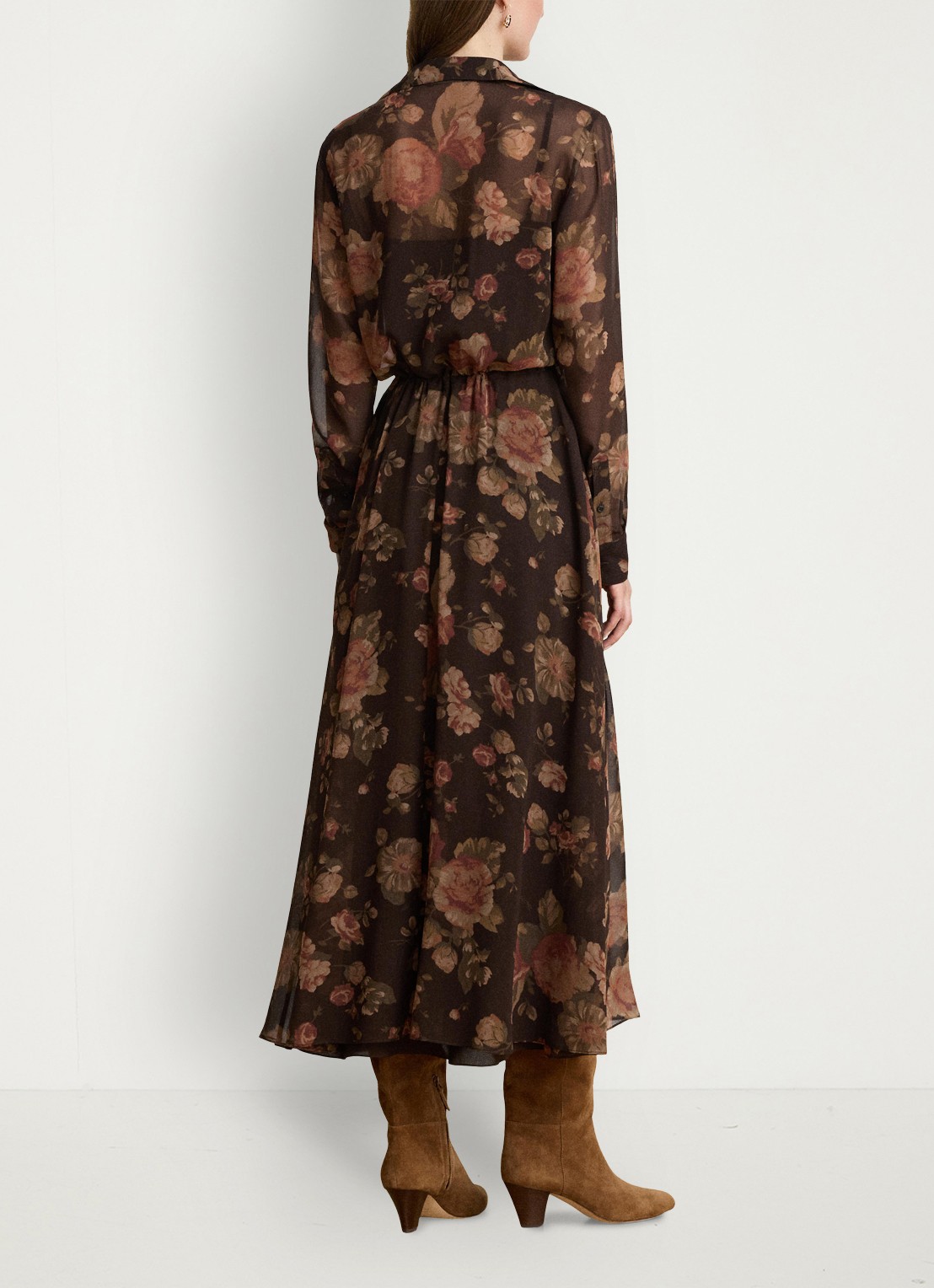 Ralph Lauren Semi-transparante midi blousejurk met bloemenprint - achterkant 3 brown multi / bruin