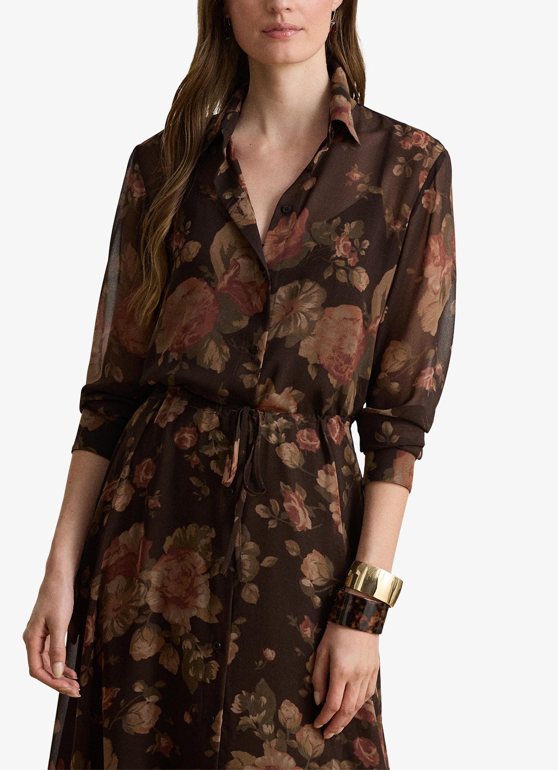 Ralph Lauren Semi-transparante midi blousejurk met bloemenprint - detail 4 brown multi / bruin