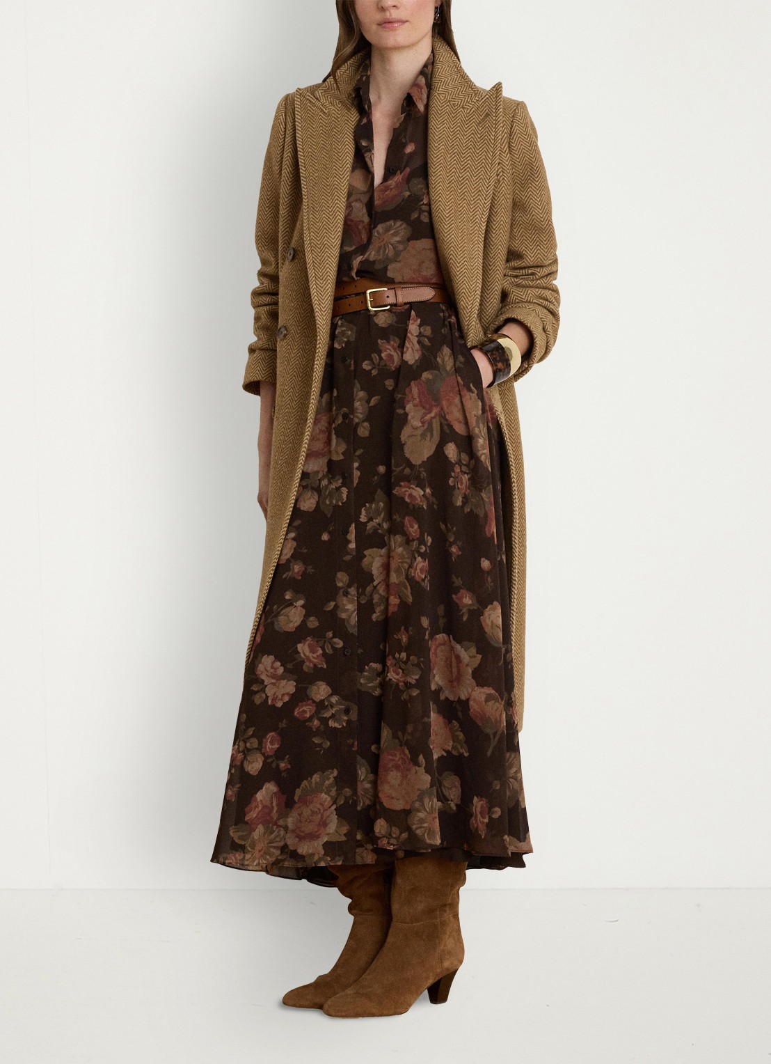 Ralph Lauren Semi-transparante midi blousejurk met bloemenprint - voorkant 2 brown multi / bruin