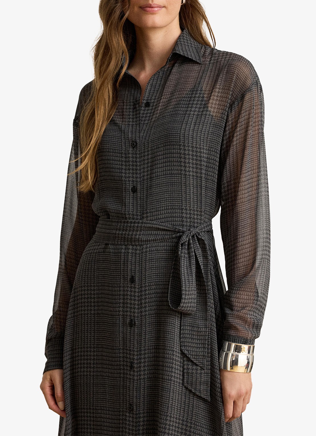 Ralph Lauren Semi-transparante midi blousejurk met pied-de-poule dessin - detail 2 grey/black / grijs/zwart