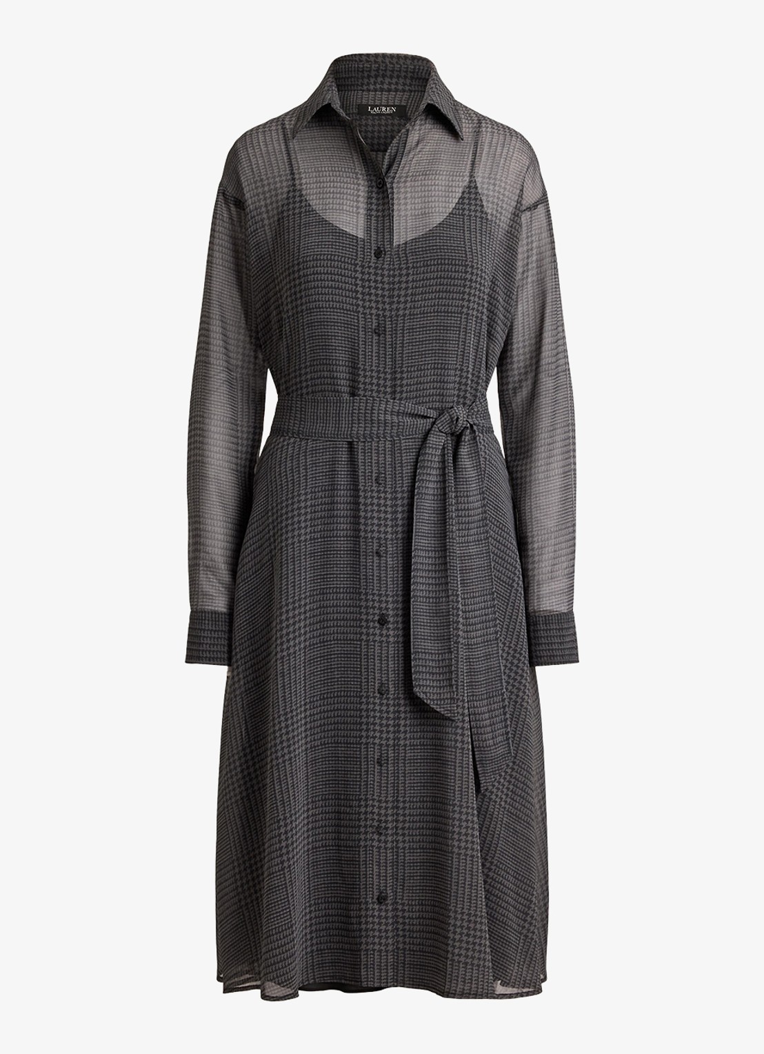 Ralph Lauren Semi-transparante midi blousejurk met pied-de-poule dessin - voorkant 4 grey/black / grijs/zwart