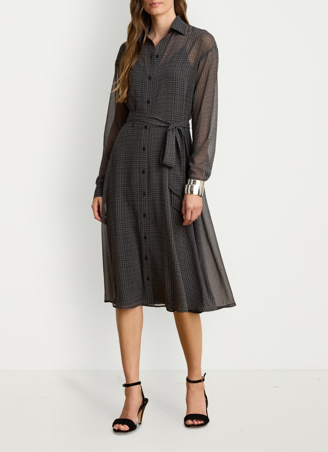 Ralph Lauren Semi-transparante midi blousejurk met pied-de-poule dessin - voorkant 5 grey/black / grijs/zwart