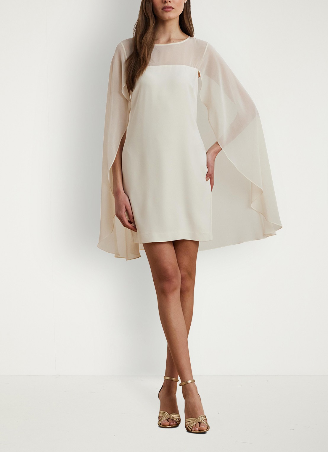 Ralph Lauren Semi-transparante mini jurk met cape - voorkant 5 mascarpone cream / gebroken wit