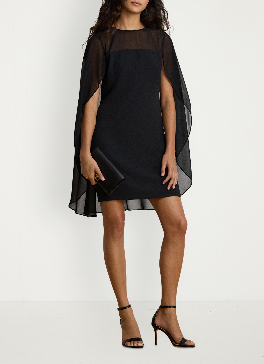 Ralph Lauren Semi-transparante mini jurk met cape - voorkant 2 zwart